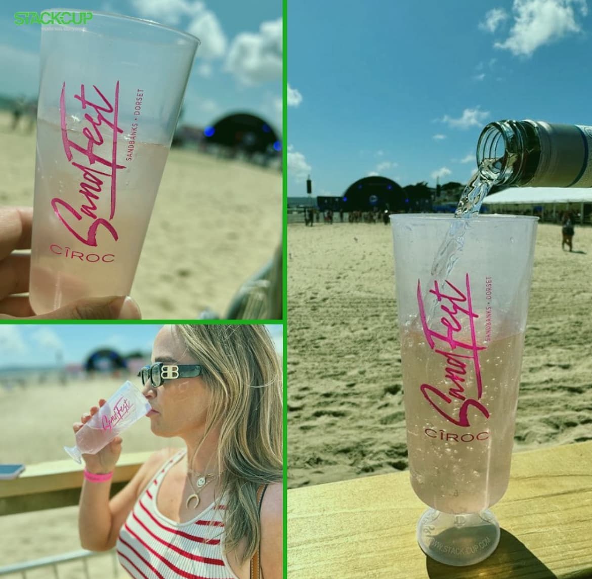 Branded plastic cups featuring sponsor artwork on a UK stadium bar counter at matchday